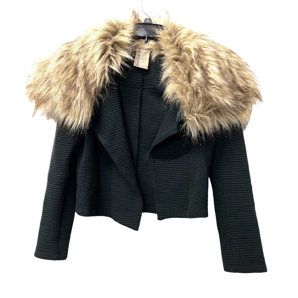 Dolan Left Coast Collection Black Sweater Jacket Fur Collar Made in USA